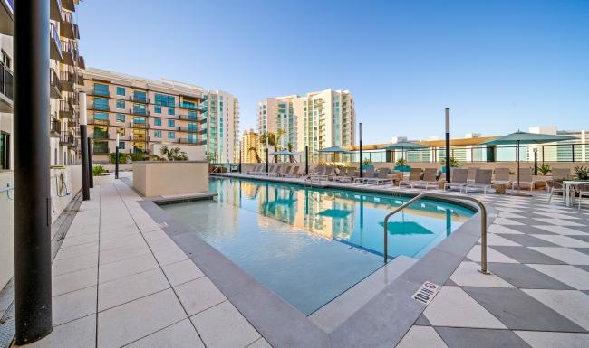 a pool in a courtyard